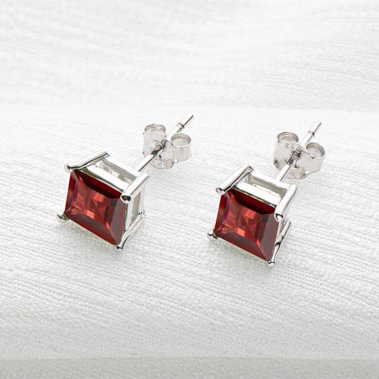 Square Sterling Silver Red Natural Garnet Stud Earrings