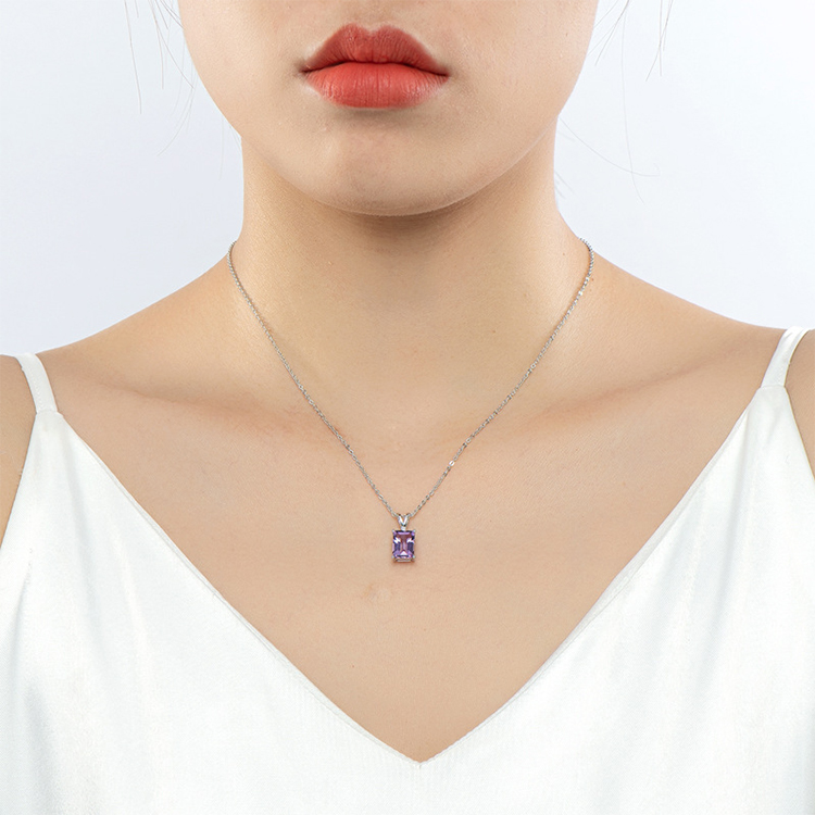 Luxurious Square Amethyst Pendant Sterling Silver Necklace