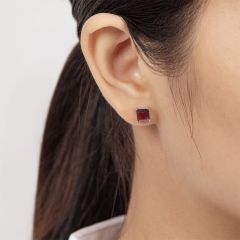 Square Sterling Silver Red Natural Garnet Stud Earrings