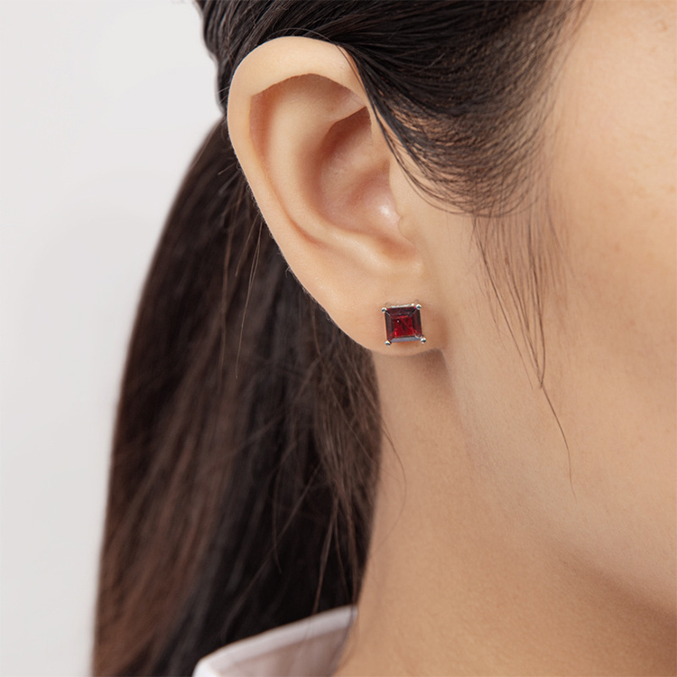 Square Sterling Silver Red Natural Garnet Stud Earrings