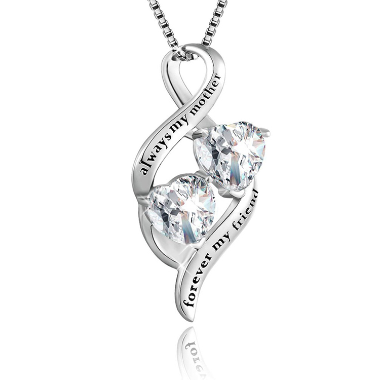 Double Heart Zirconia Pendant Sterling Silver Mother Necklace