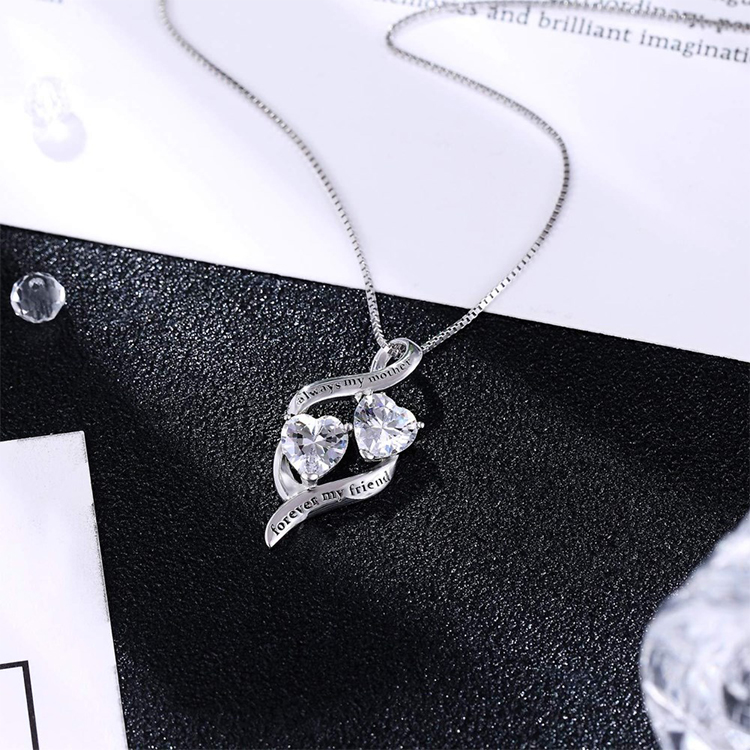 Double Heart Zirconia Pendant Sterling Silver Mother Necklace