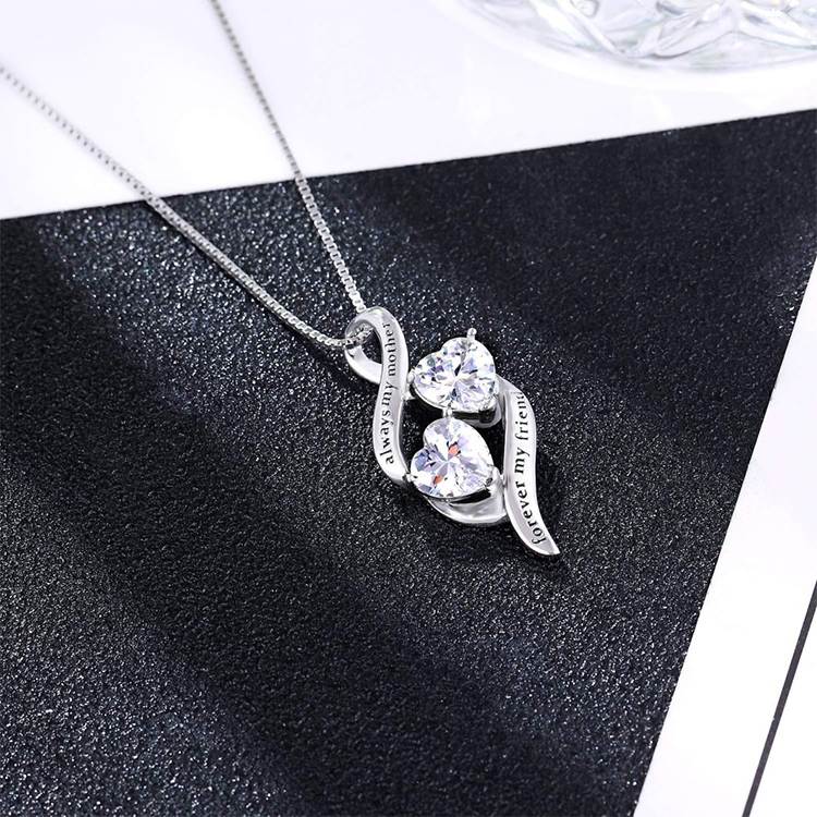 Double Heart Zirconia Pendant Sterling Silver Mother Necklace