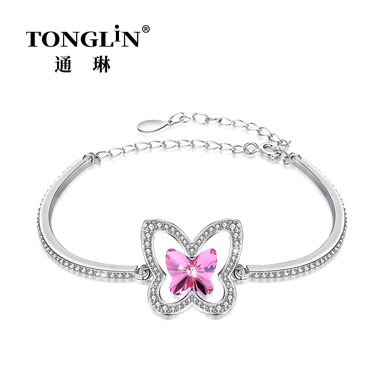 Sterling Silver Crystal Butterfly Bracelet With Zirconia