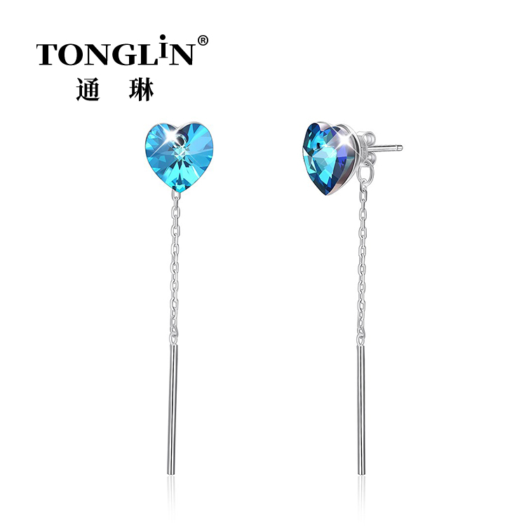 Sterling Silver Heart Crystal Stud Long Drop Earrings
