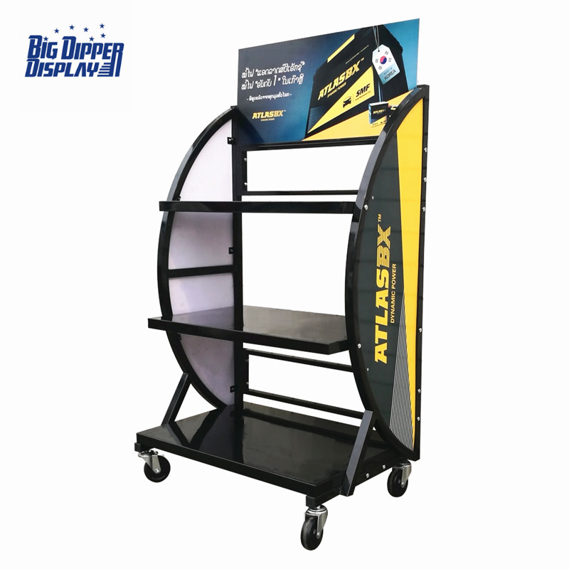 BDD-BA02 Hot sale 3 Tiers Metal Batteries Display Shelf Auto Car Shop Rack Battery with Wheels