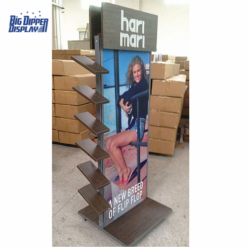BDD-FF34A New Design Double-Sided Wood Metal Flip Flop Display Stand for Footwear Store, Detachable &amp; Wheel-Mounted