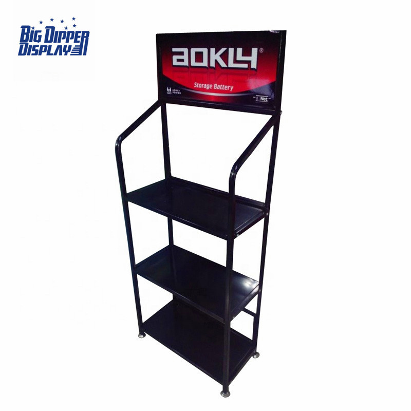 BDD-BA27 retail store equipment 3 shelf metal car battery display stand rack