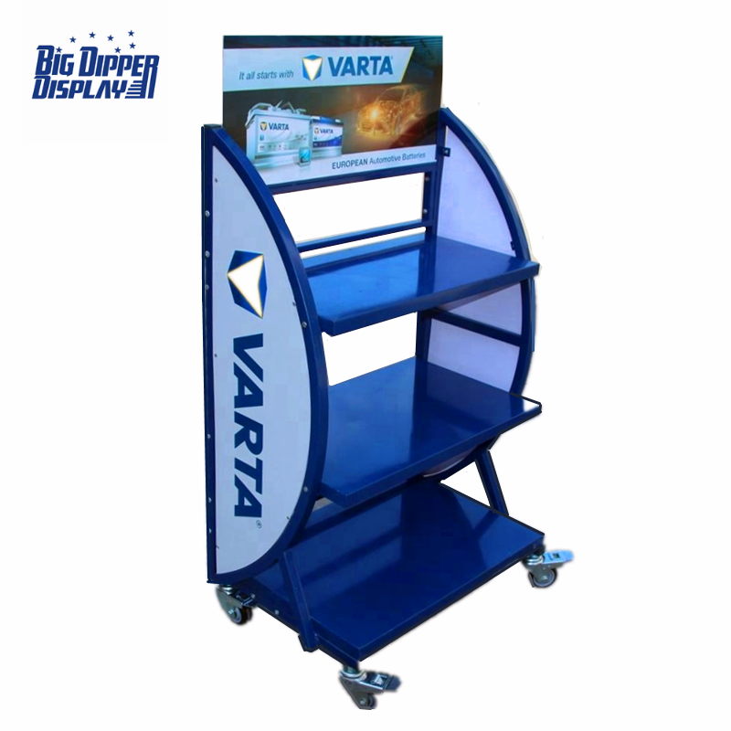 BDD-BA02 Hot sale 3 Tiers Metal Batteries Display Shelf Auto Car Shop Rack Battery with Wheels