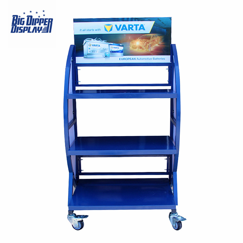 BDD-BA02 Hot sale 3 Tiers Metal Batteries Display Shelf Auto Car Shop Rack Battery with Wheels