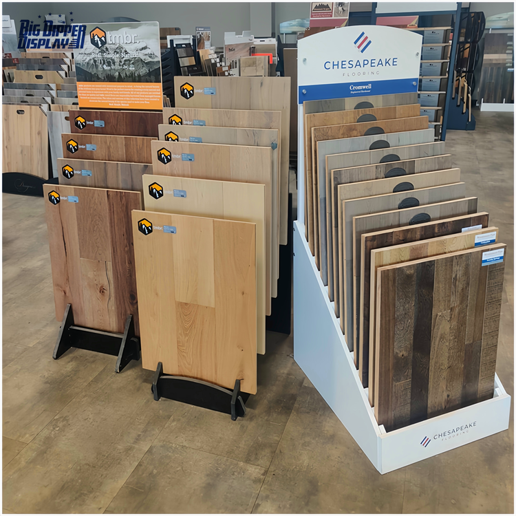 BDD-WF18 wooden slotted flooring display rack waterfall view display showroom wood flooring tile display stand