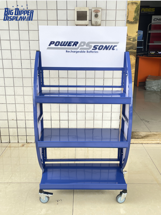 BDD-BA08 Car Battery Auto Display Rack Battery Metal Retail Shop Shelves Stand with Wheels