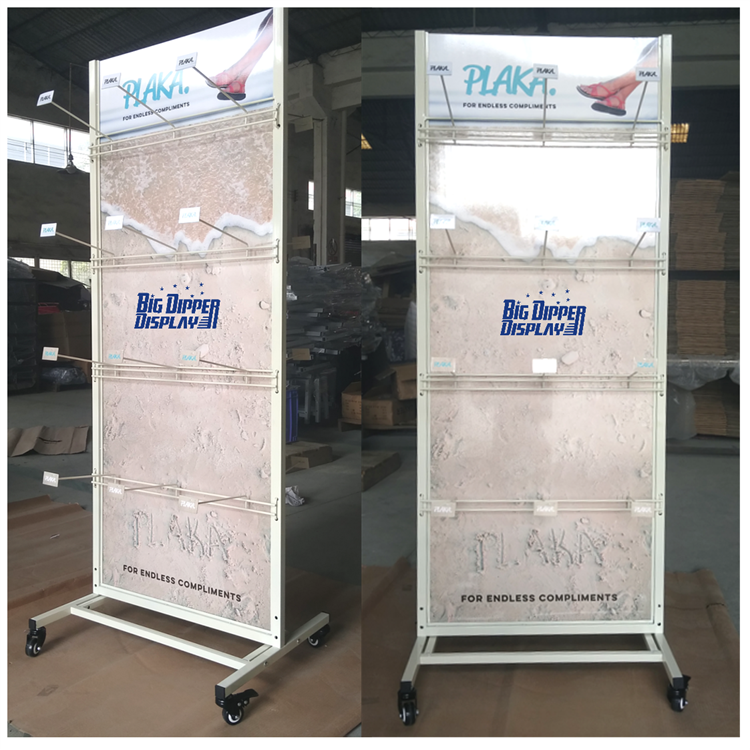 BDD-FF22 Free Standing Metal Slipper Display Stand, Wheel-Mounted Sandal Flip Flop Rack with Powdercoating