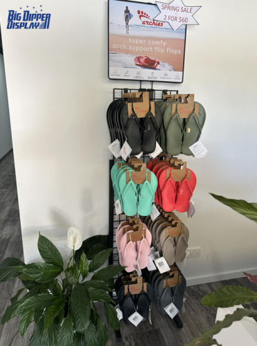 BDD-FF25 Footwear Store Floor Standing Steel Flip Flop Display Rack, Double-Sided with Custom Printed Board