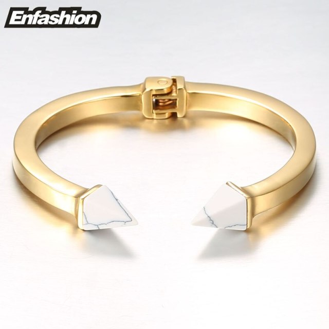 Enfashion Natural Stone Spike Cuff Bracelet Manchette Gold color Bangle Bracelet Women Stainless Steel Bracelets Bangles