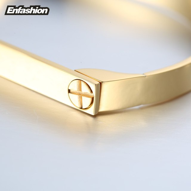 ENFASHION Personalized Engraved Name Flat Bar Screw Cuff Bracelets Gold Color Stainless Steel Bangles For Women Jewelry B4003-S