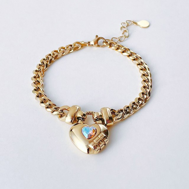 ENFASHION Heart-shaped Colored Zirco Bracelet For Women Stainless Steel Fashion Jewelry Gold Color Chain Bracelets Party B222277