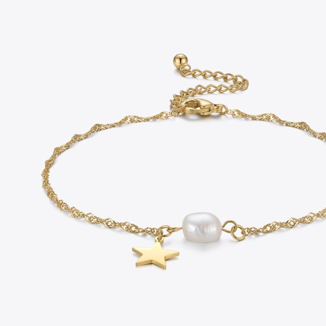 ENFASHION Natural Pearl Star Anklets For Women Gold Color Fashion Jewelry Stainless Steel Anklet Bijoux Femme 2021 Party A215001