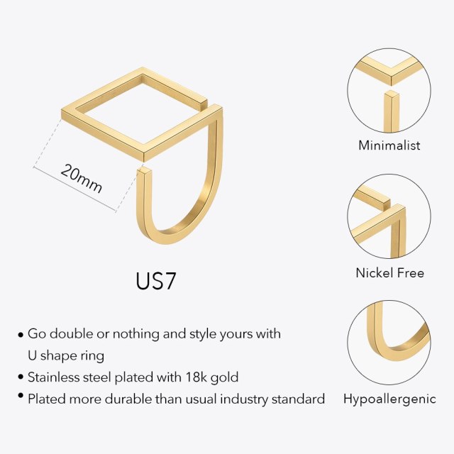 ENFASHION U-shaped Square Ring For Women Stainless Steel Gold Color Rings Fit to New Year Birthday Gift Fashion Jewelry R224175