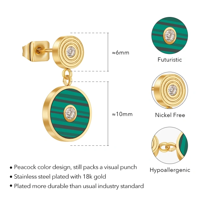 ENFASHION Aretes De Mujer Peacock Green Disc Stud Earrings For Women's 18K Plated Gold Fashion Jewelry Anniversary Gift E231469
