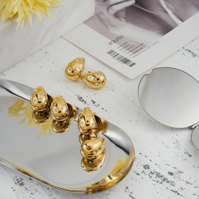 ENFASHION Aretes De Mujer Rain Drop Zircon Stud Earrings For Women Gold Color Stainless Steel In Earings Fashion Jewelry E231472