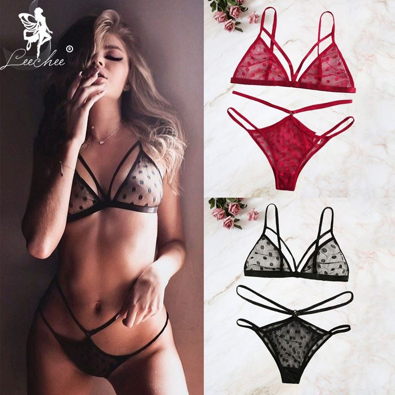 Leechee New Women's Bra Set Cute Dot Mesh Lingerie set Comfortable Sexy Underwear Transparent Lingerie Bh Wire Free Bralette set