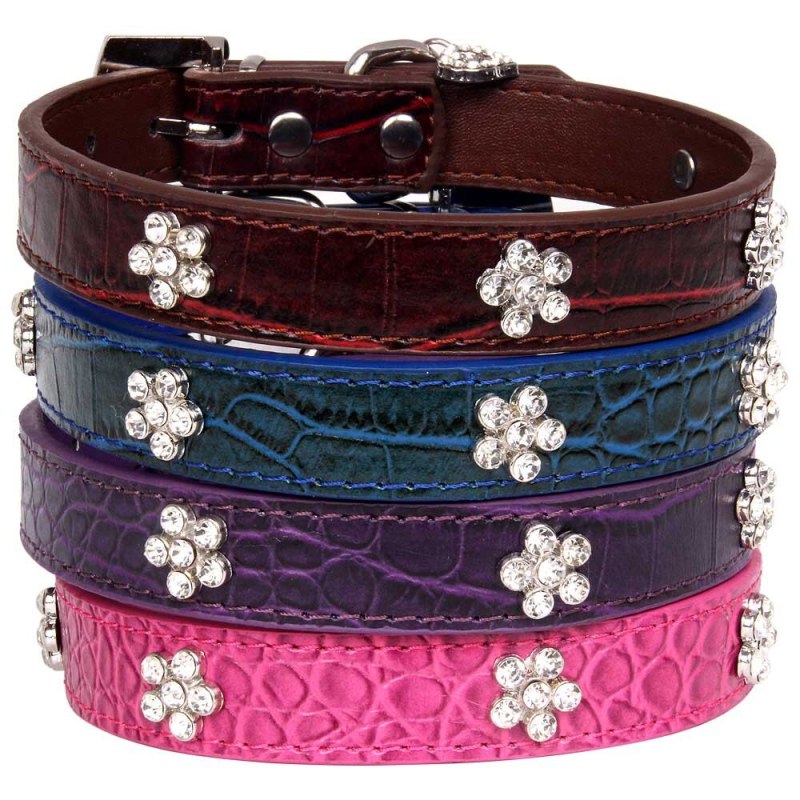 Pet Alligator Printed Dog Collar With Diamond Plum Blossm Heart Adjustable Dogs Cat Collars Control Handle Training Puppy Collar