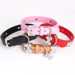 Pet Leather Dog Collar With Diamond bone Adjustable Dogs Cats Collars Control Handle Training Pet Cat Dog Collar Pet Supplies