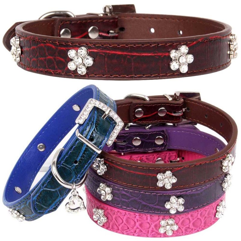 Pet Alligator Printed Dog Collar With Diamond Plum Blossm Heart Adjustable Dogs Cat Collars Control Handle Training Puppy Collar