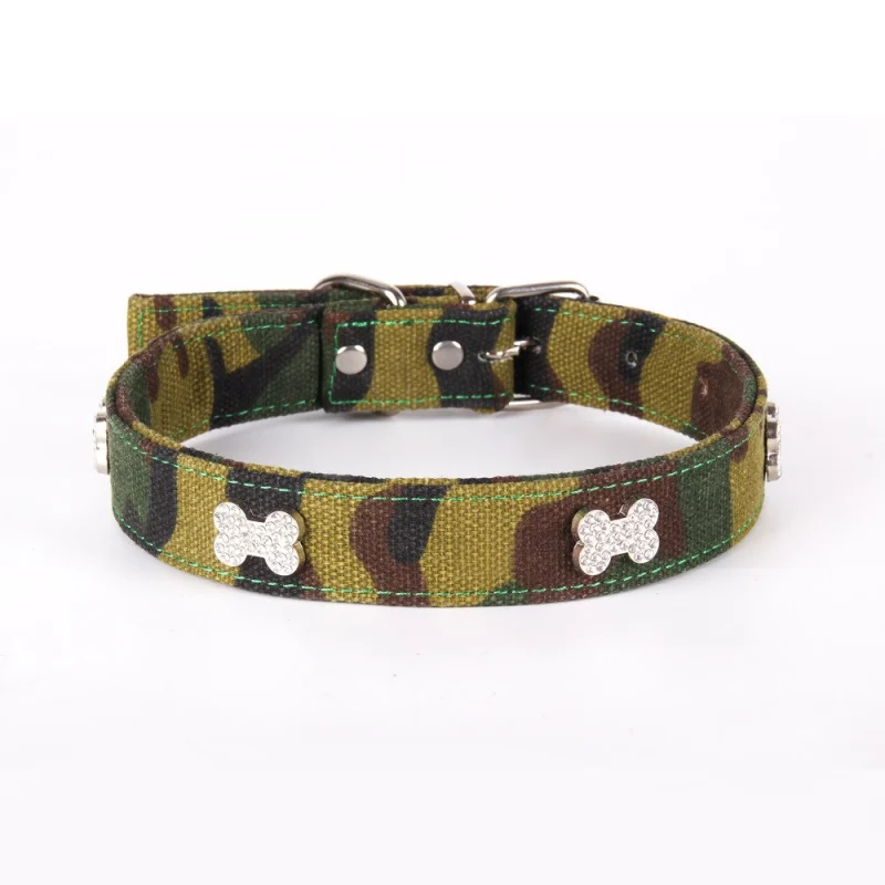 Pet Camouflaged Dog Collar With Diamond Bone Adjustable Dogs Cat Collars Control Handle Training Pet Cat Dog Collar Pet Supplies