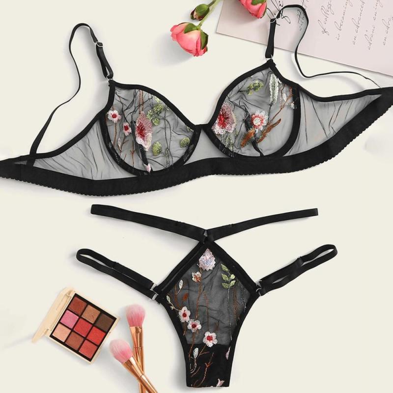 LEECHEE Underwear  women's  bra set  rims  gathered  embroidery  mesh  ultra-thin transparent sexy sponge-free bra two-piece set