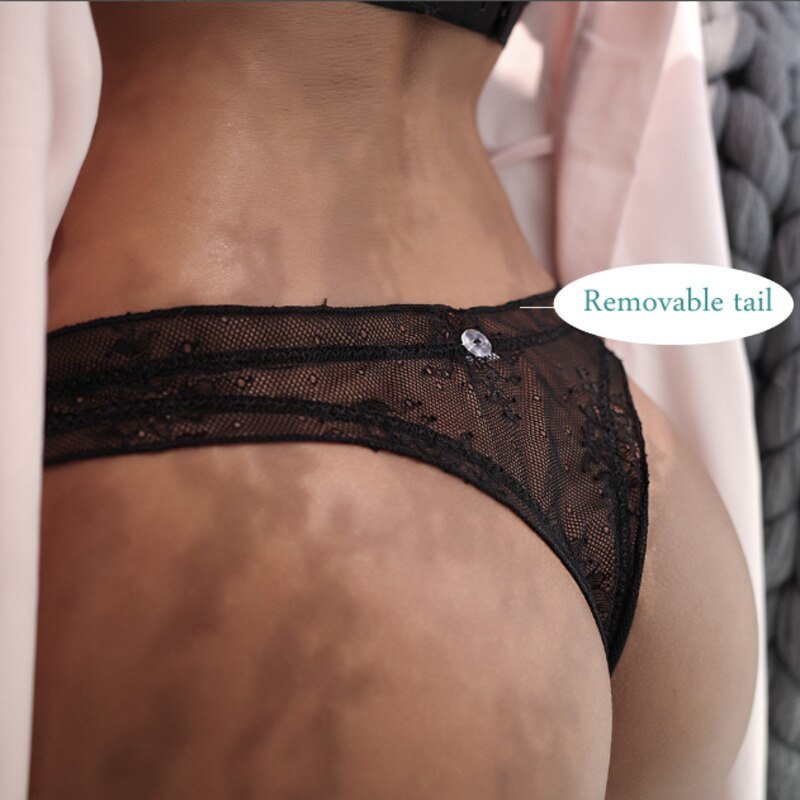 LEECHEE  Sexy  Lace Panties Cute Rabbit Tail Women's Underpants Breathable Transparent Underwear Comfort Thong Low Rise G-String