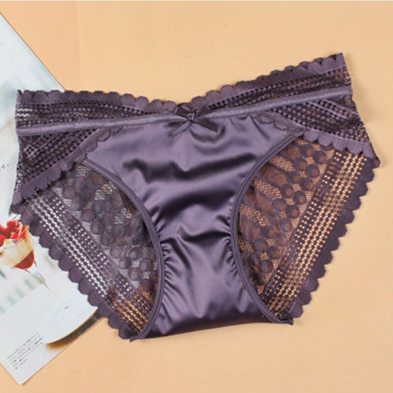 New Fashion Satin French Lace Sexy Panties Ladies Comfortable Underwear Luxury Mid Waist Translucent Cotton Briefs Women