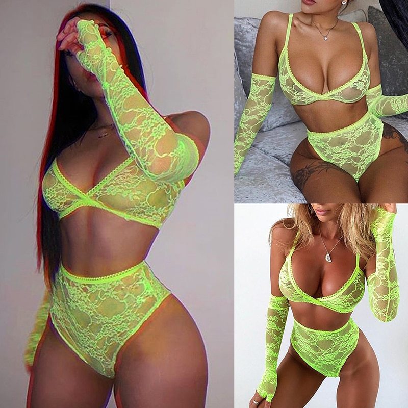 LEECHEE BRAND  Green  Mesh Lace Bras And Panties Set Women V-Neck Sexy Transparent Skinny Lace Intimates Lingerie Set  Brief Set
