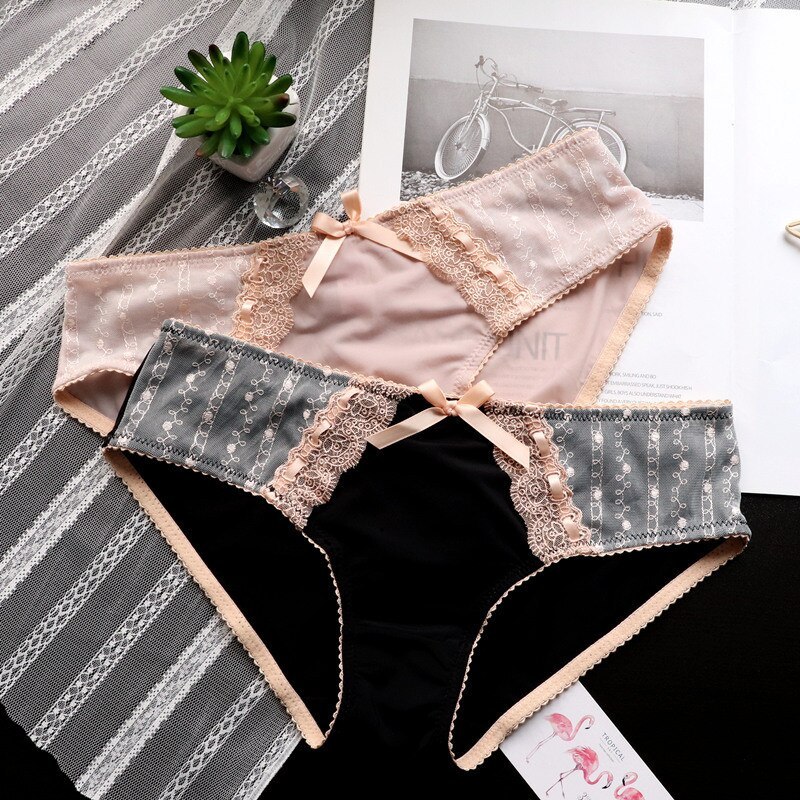 Japanese Retro Embroidery Lace Bow Cute Large Women's Low Waist Underwear Female Hip Ice Smooth Comfortable Breathable Briefs