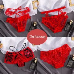 Red Christmas Sexy Lace String Transparent Panties Women Bow Cute Thong Seamless Briefs Underwear Erotic Lingerie Shorts Female