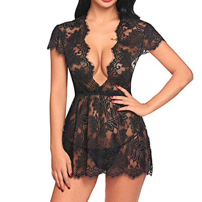 LEECHEE Women's Eyelash Lace Babydoll Lingerie Mesh Nightwear Set Sheer Nightgown Top Nightgown Costumes Seethrough Underclothes