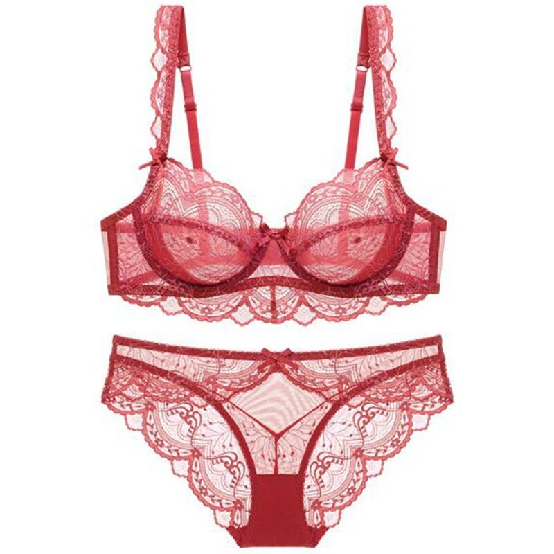 2pcs Bra Set Sexy Thong Top Women Big Size Brief Lingerie Solid Lace Hollow Out Push Up Undewear Gather Comfortable Panty Female