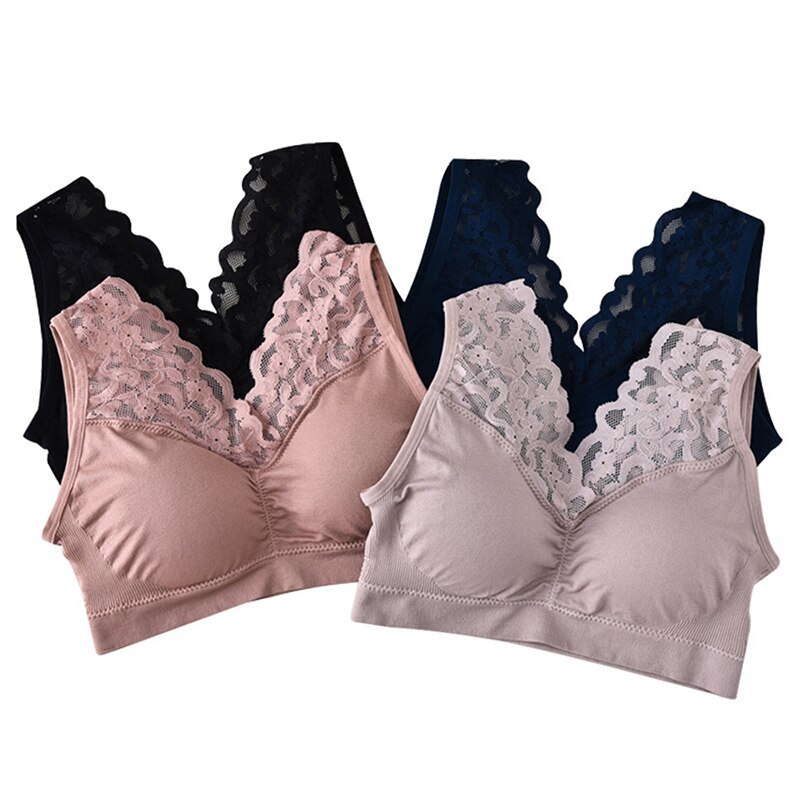 Women Sexy V Neck Lace Bras Push Up Padded Bra Gathered Large Size Vest Nylon Seamless Comfortable Bralette