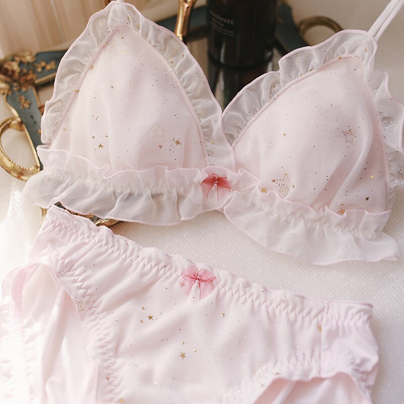 Sweet Sexy Lace Bras Set Women Thin Fairy Shining Stars Bralette Elegant Lingerie Set Seamless Bow Breast Underwear Bh