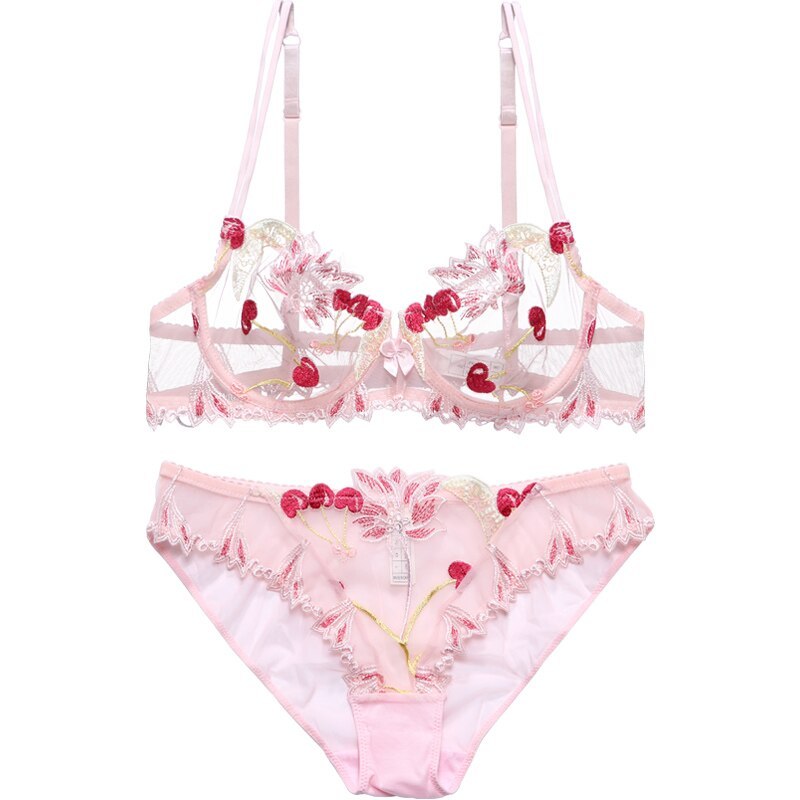 Women's underwear Pink Bra and Panties Set Transparent Bra Set  Lingerie Kawaii Cherry Embroidery Underwear Women Bra Unlined