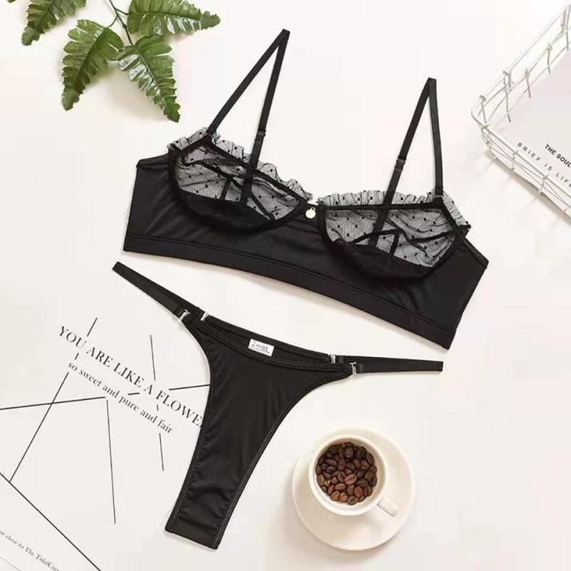 LEECHEE New Ruffle Lace Lingerie Set Sexy Women's Underwear Transparent Bra Party Sets Lace Black Lingerie Bra Set Underwear Set