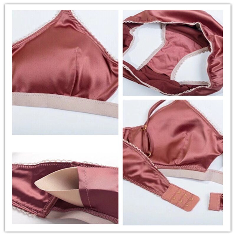 Europe and the United States sexy underwear female simulation silk surface hollow out thin no steel ring triangle cup bra set