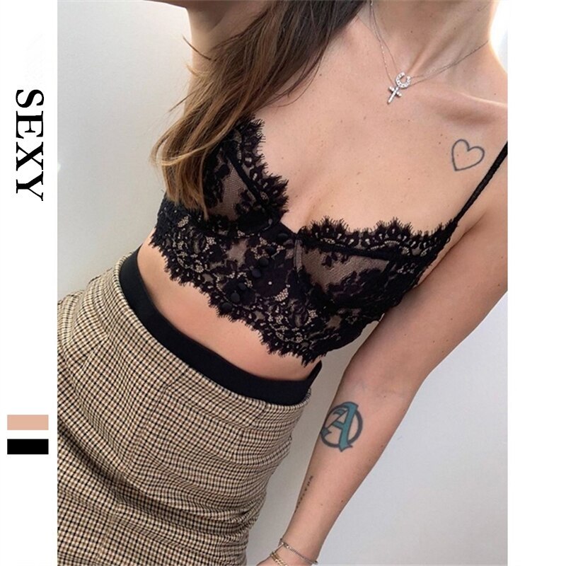 Fashion Lace Summer Triangle Crop Tops Floral Sheer Bras Soft Halter Underwire Tank Sexy Girl Transparent Women Female Underwear