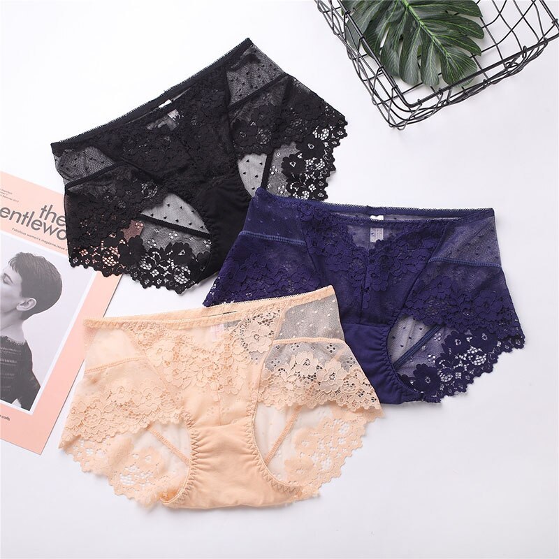 Women's High Waisted Sexy Lace Underwear Traceless Comfortable Breathable  Flower Hollowed Out Briefs Cotton Crotch