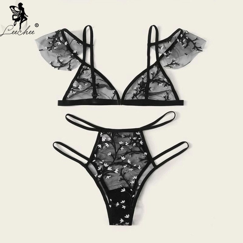 Leechee New Sexy Bra Floral Embroidery Sheer Mesh Lingerie Set Push up Bralette+Hollow out Thong Women Sexy Intimates Underwear