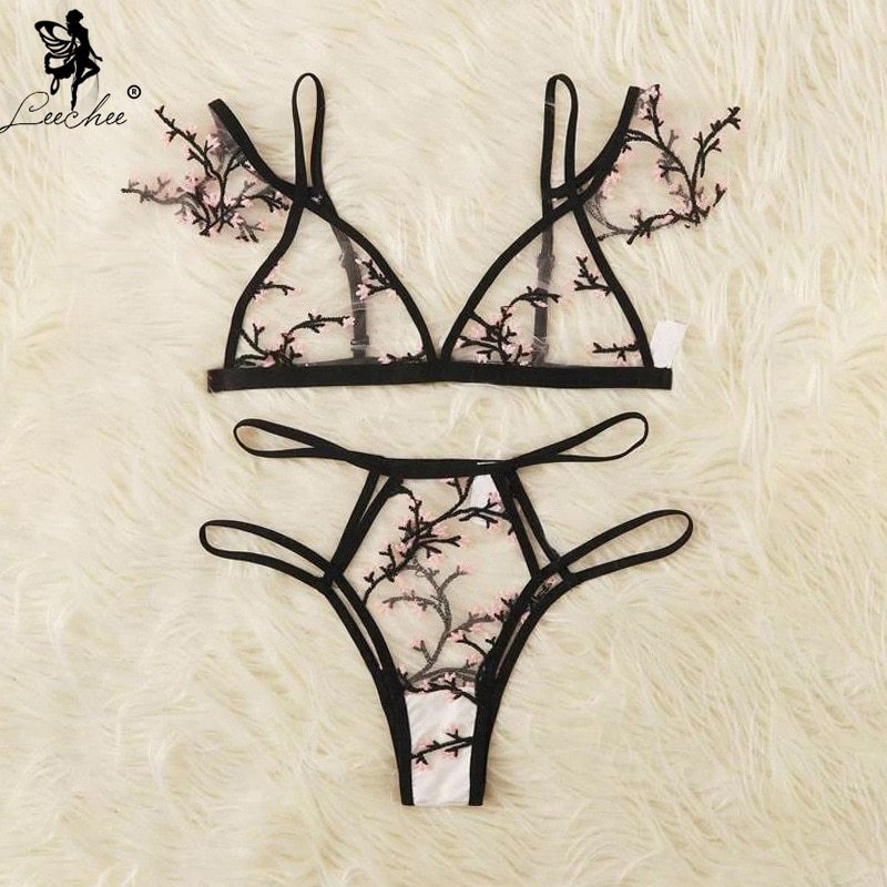 Leechee New Sexy Bra Floral Embroidery Sheer Mesh Lingerie Set Push up Bralette+Hollow out Thong Women Sexy Intimates Underwear