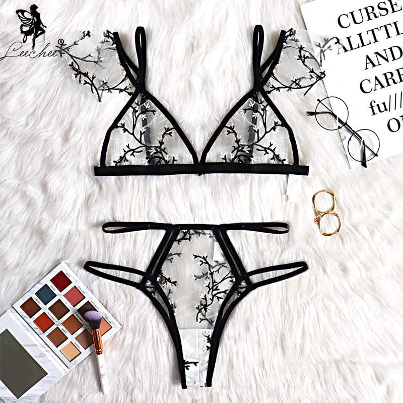 Leechee New Sexy Bra Floral Embroidery Sheer Mesh Lingerie Set Push up Bralette+Hollow out Thong Women Sexy Intimates Underwear