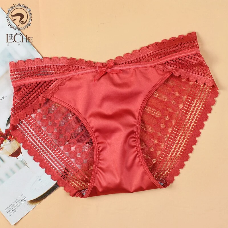 New Fashion Satin French Lace Sexy Panties Ladies Comfortable Underwear Luxury Mid Waist Translucent Cotton Briefs Women