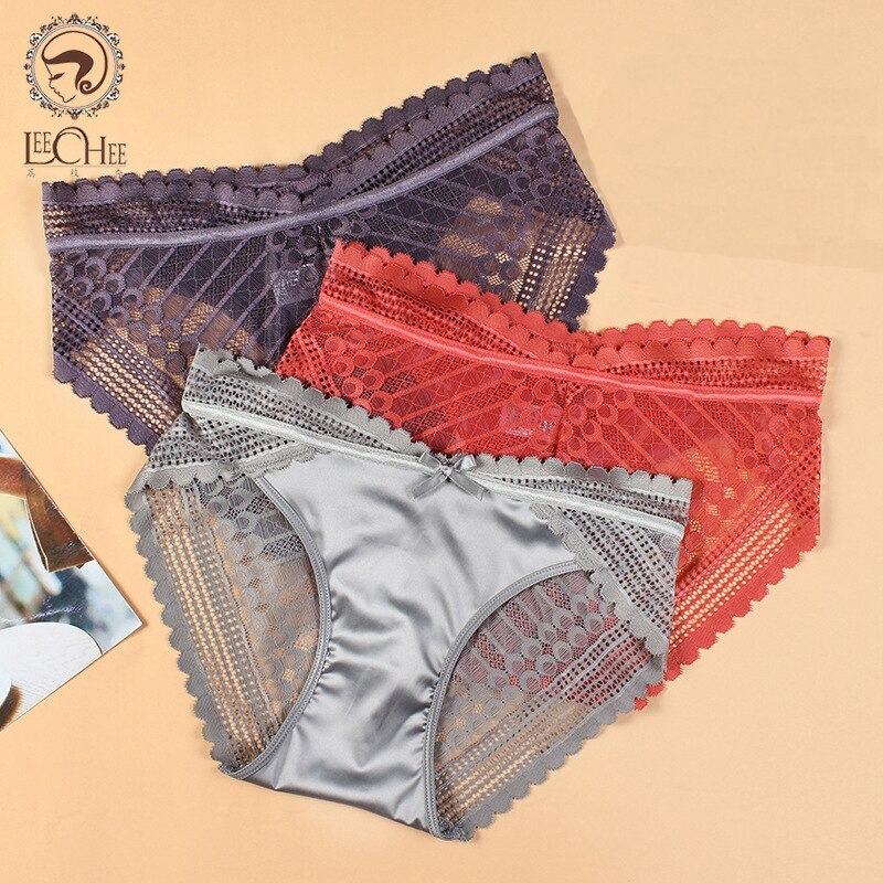 New Fashion Satin French Lace Sexy Panties Ladies Comfortable Underwear Luxury Mid Waist Translucent Cotton Briefs Women